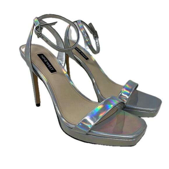 Nine West Zadie Formal Evening Silver Iridescent Ankle Strap Dress Heels 8.5M - Picture 1 of 8